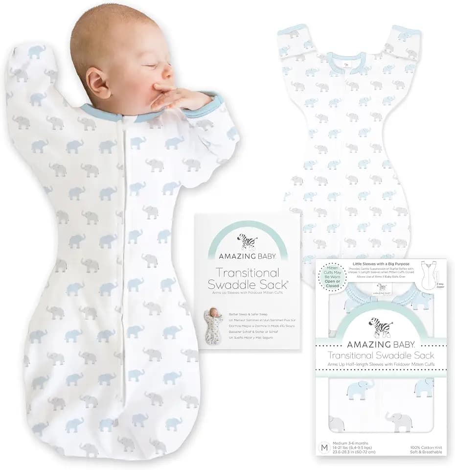 Amazing Baby Transitional Swaddle Sack, Cotton, Tiny Elephants Blue, 0-3mo