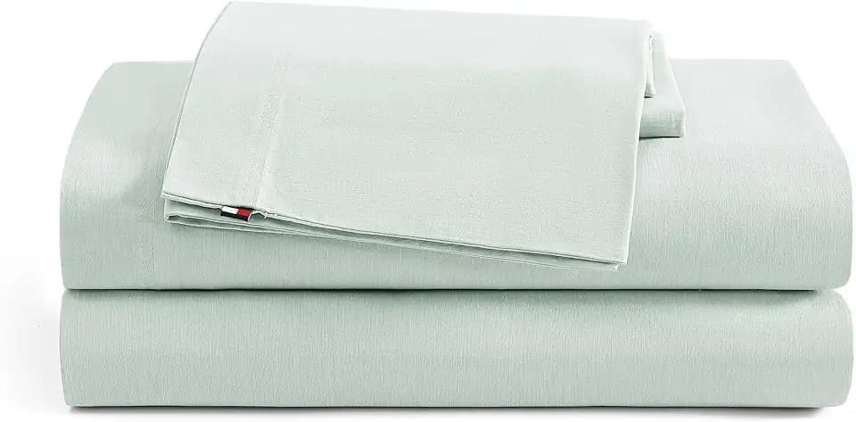 Tommy Hilfiger - Twin XL Sheet Set, Cotton Chambray Bedding with Matching Pillowcase, Lightweight Weave, Subtle Textured Bed Sheets (Green)