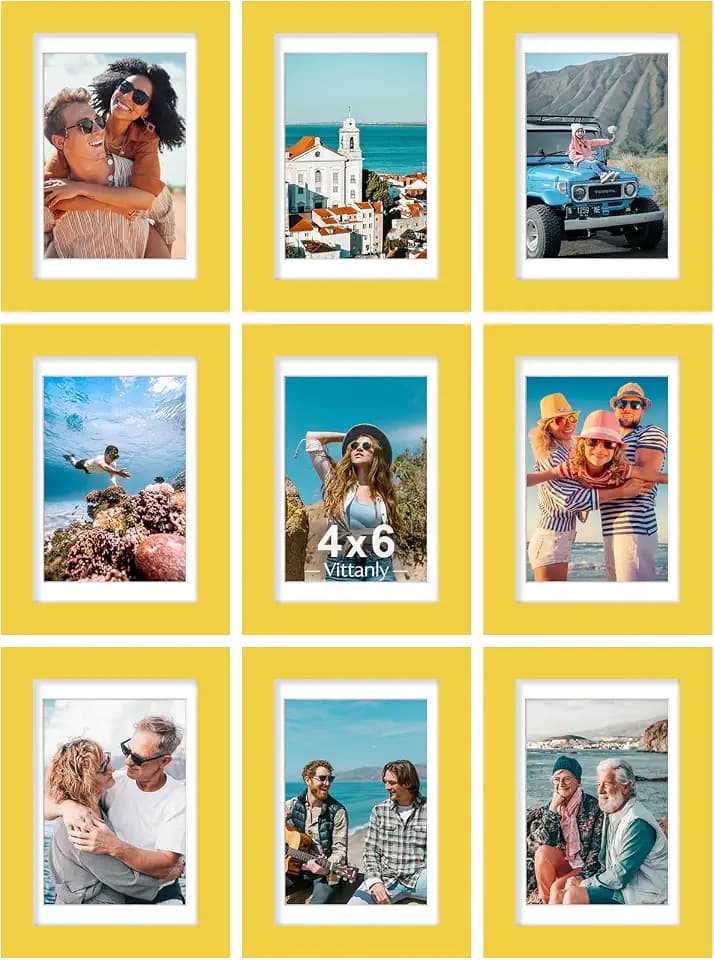 Vittanly 4x6 Picture Frames Set of 9 for Wall or Tabletop Display, Yellow