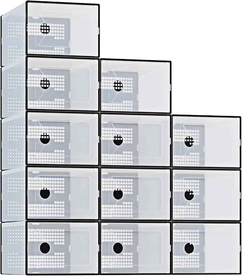 DUMOS Shoe Storage Boxes, 12-Pack Stackable Clear Shoe Containers with Lids, Display Sneaker Case Organizer for Closet, Under Bed, Entryway, Black, Fit Size 11.