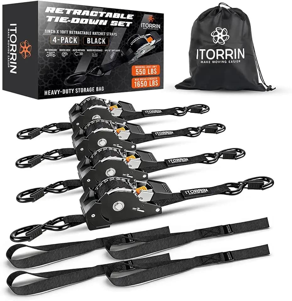 Retractable Ratchet Straps - 4 Pack 1inch x 10ft Auto Tie Down with Soft Loops - Black - 1650 Lbs Break Strength - Self Retracting for Motorcycle, ATV, Truck, Cargo, Trailer, Boat, Kayak, Furniture