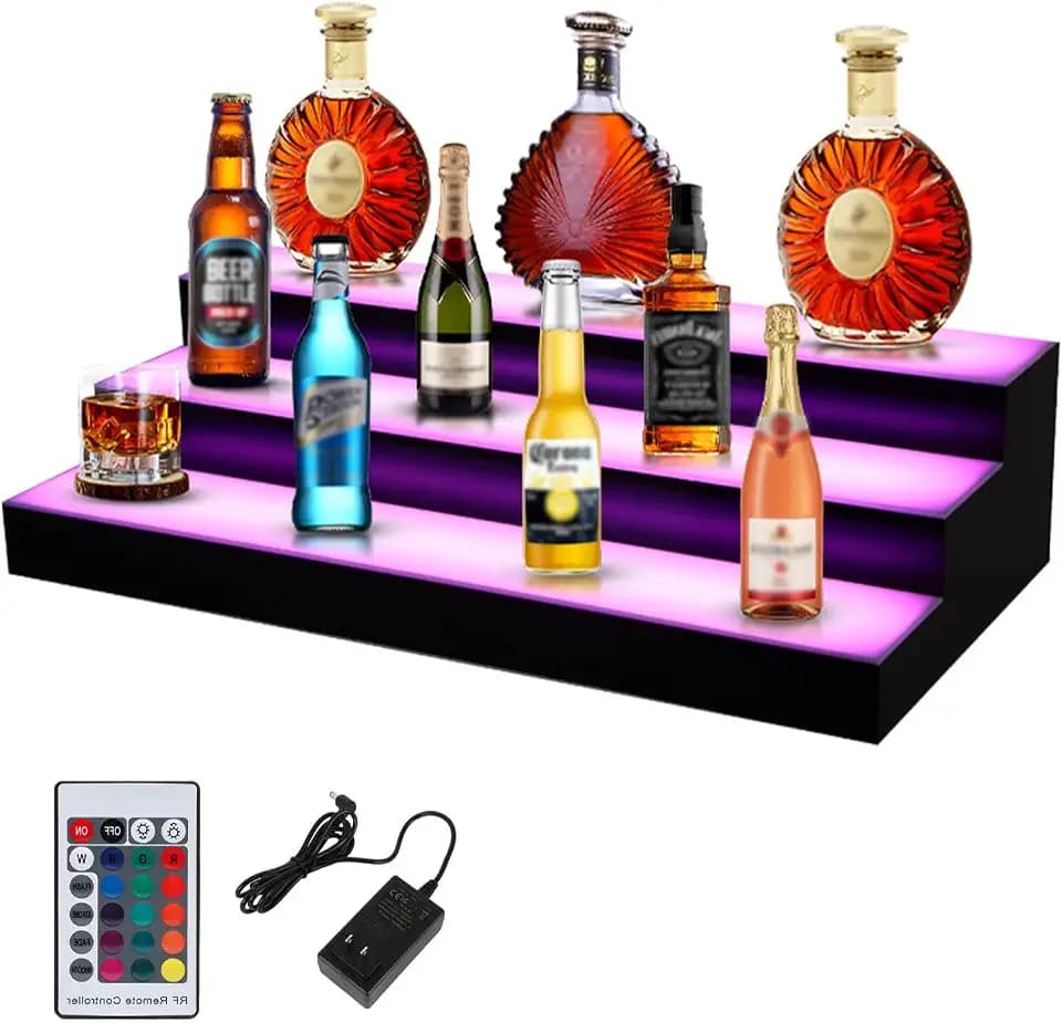 Dollate 4‑Tier 20 Inch LED Liquor Bottle Display Shelf, Tabletop Wine Rack with Adjustable LED Light, 16 Colors, for Home Bar, Party, Commercial Use