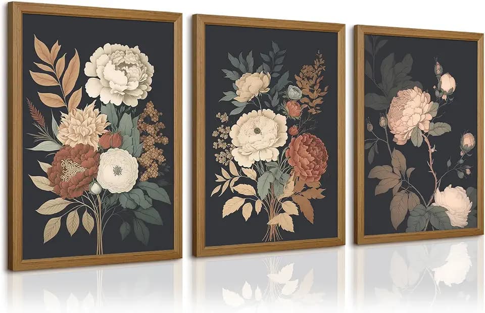 Pennclys Vintage Flower Wall Art Dark Floral Canvas Wall Art Botanical Farmhouse Prints Black Flower Pictures Wall Decor Moody Floral Artwork Painting for Living Room Bedroom 16x24x3 Inch Unframed