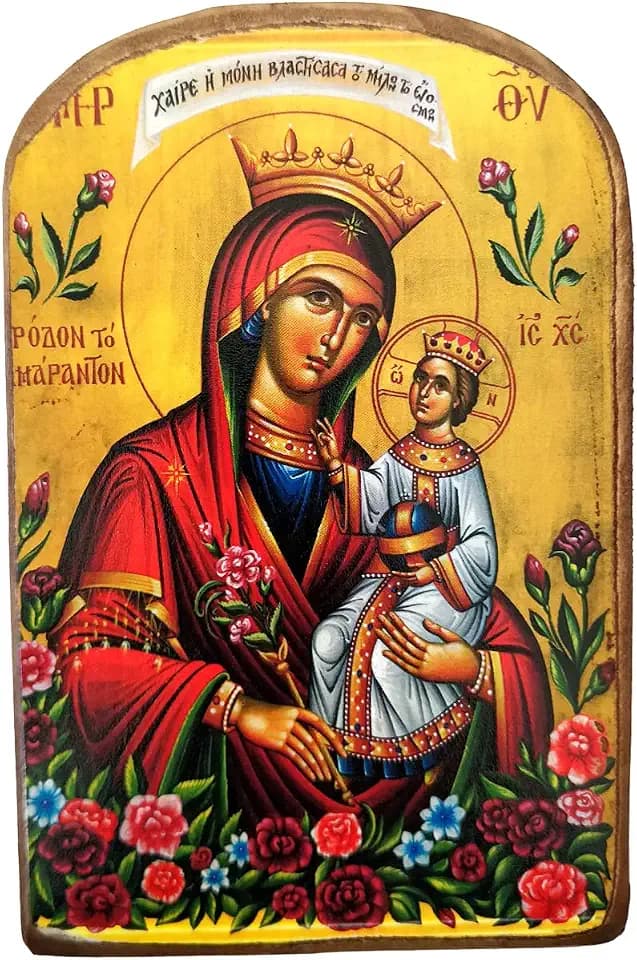 Iconsgr Handmade Wooden Greek Christian Orthodox Wood Icon of Virgin Mary The Unwithering Rose / MP2