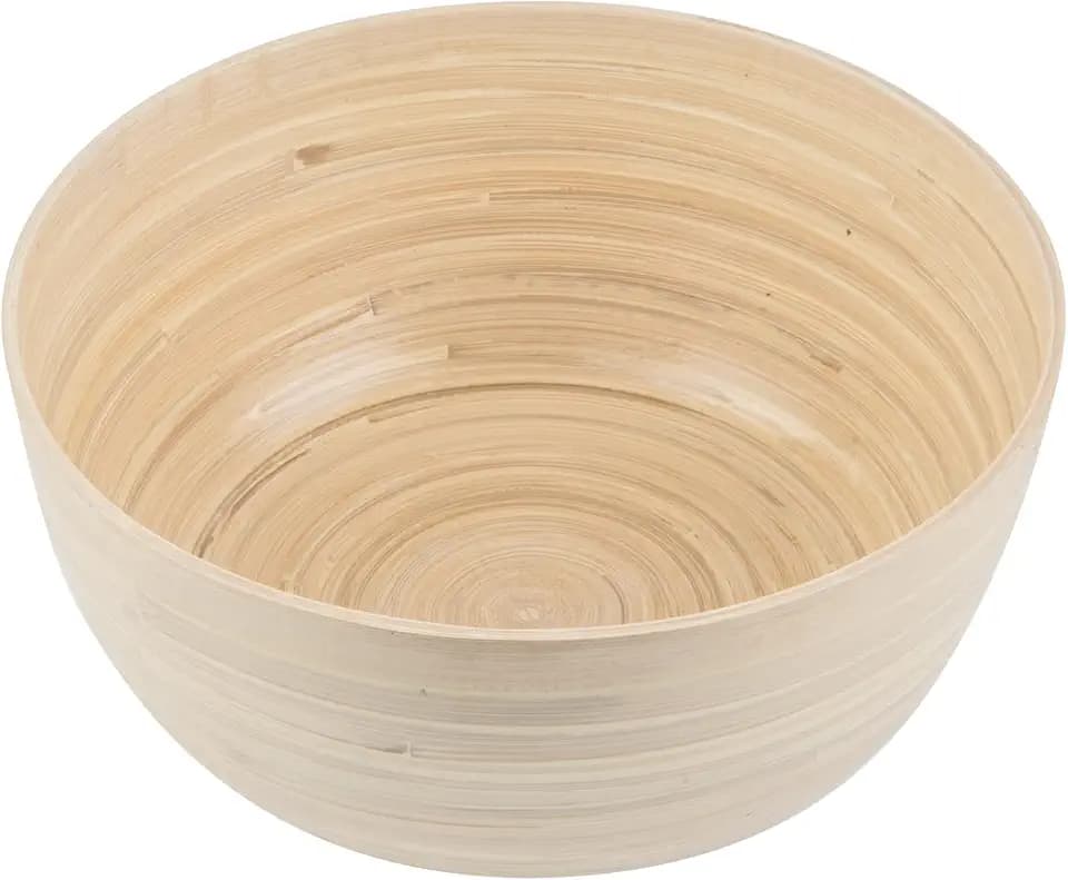 Restaurantware Bamboo Salad Bowl 1 Count 30 Oz Greaseproof Freezable Round Serving Bowl, Hot and Cold Food Friendly Handmade Bamboo Serving Utensils, Brown