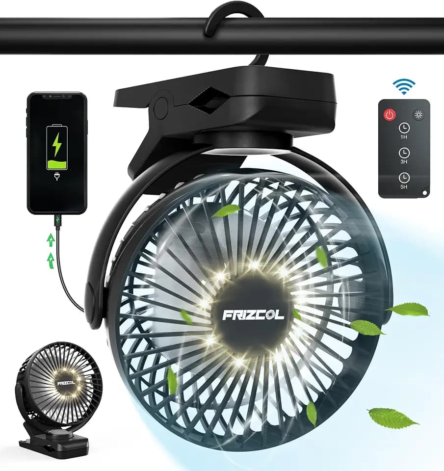 Camping Fan, 12000mAh Clip on Fans with LED Lights/ Remote/ Hooks/3 Levels