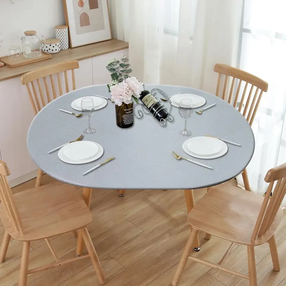 NLMUVW Oval Fitted Vinyl Tablecloth with Elastic Edge 100% Waterproof Oil Proof PVC Table Cloth Wipe Clean Table Cover for Indoor and Outdoor, 42"- 65", Light Grey