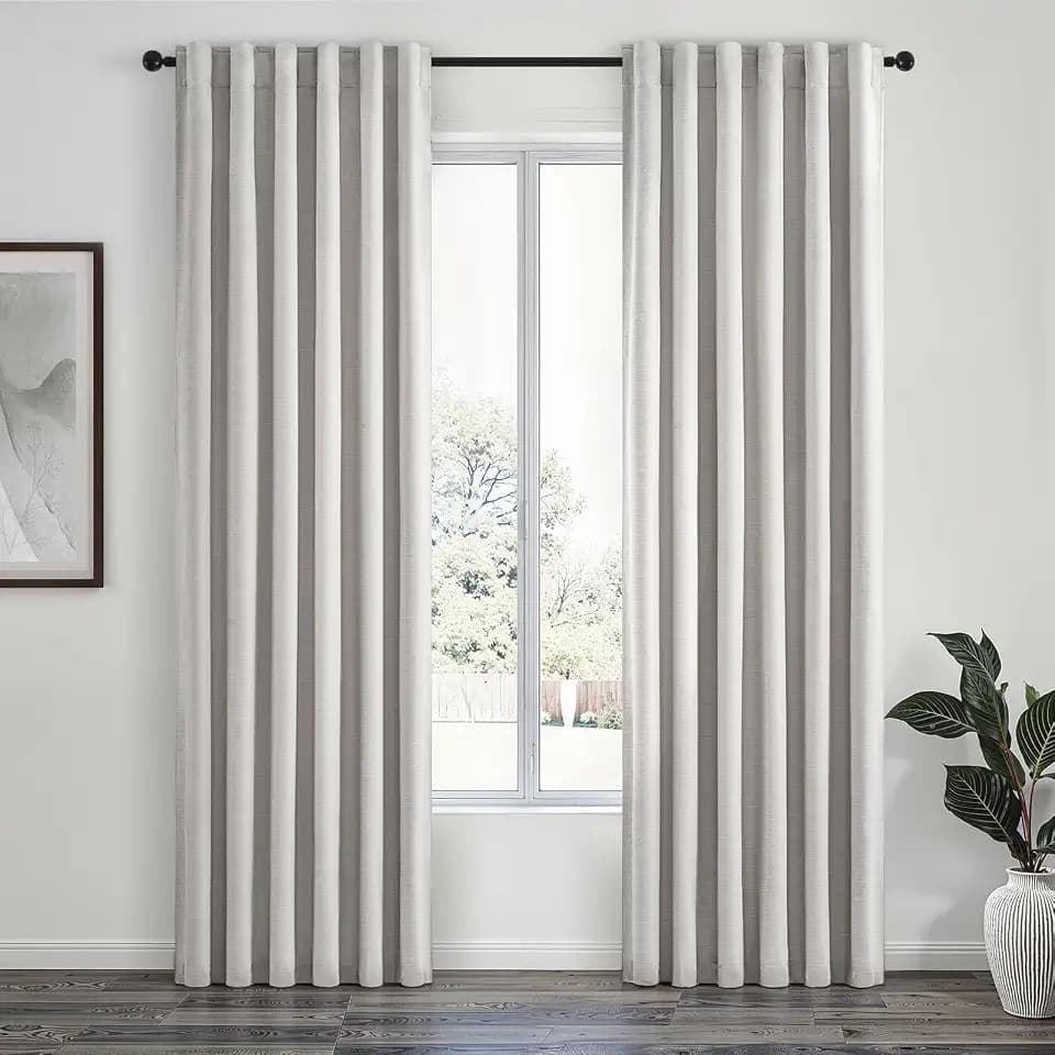 Topfinel 100% Blackout Curtains 90 Inches Long for Living Room 2 Panels Set Thick Linen Texture Energy Saving Curtain Window Coverings Hook Belt Pleated Drapes Aesthetic Bedroom(W40 xL90,Grey Beige)