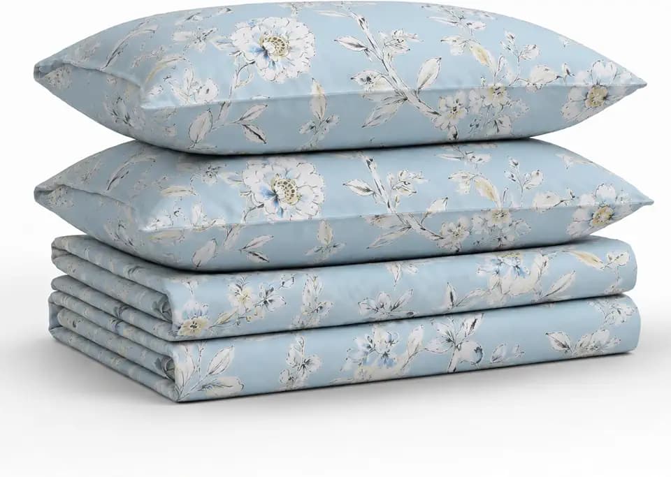 Tribeca Living Deep Pocket Cal King Size Sheet Set - 300 Thread Count Cotton Sateen Sheets with 22-Inch Extra Deep Pockets, Oeko-Tex Certified, 4 Bedding Set in Colmar Sky Blue/Multi Print