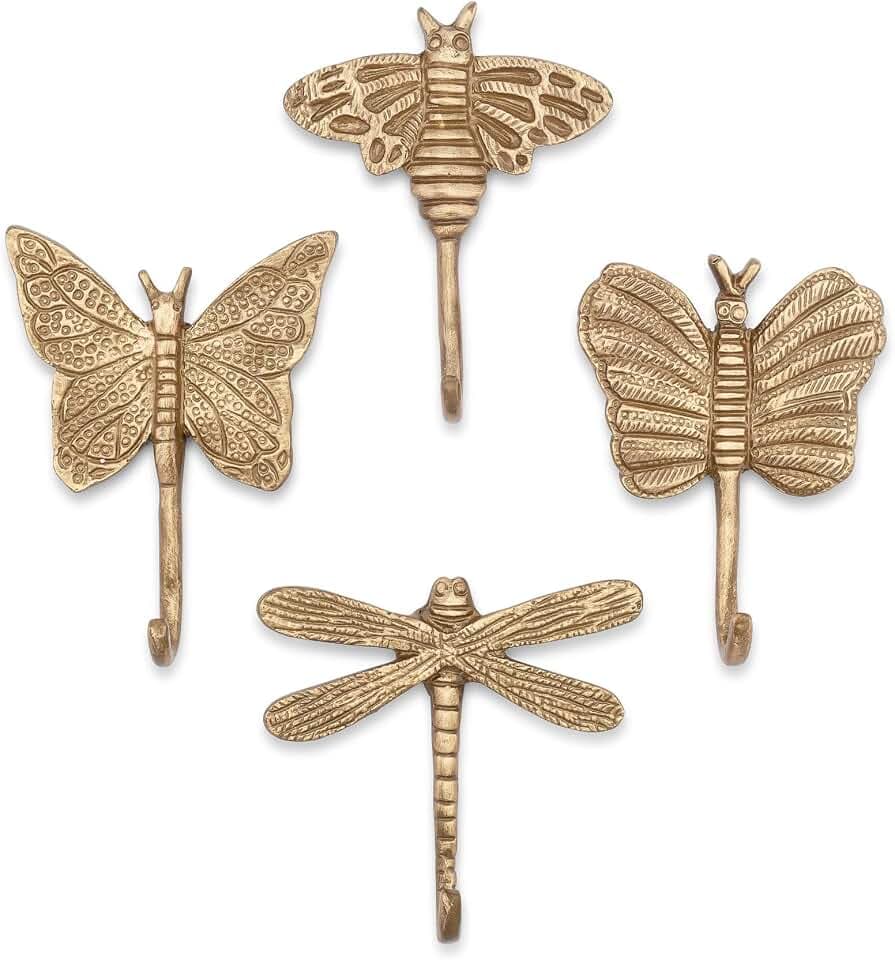 Crane Baby Dragonfly Antique Gold Dragonfly Wall Hooks, Set of 4, Decorative Brass Butterfly Wall Hook for Butterfly Nursery Decor, Vintage Girls Room Decor, Wild Flower Nursery Decoration