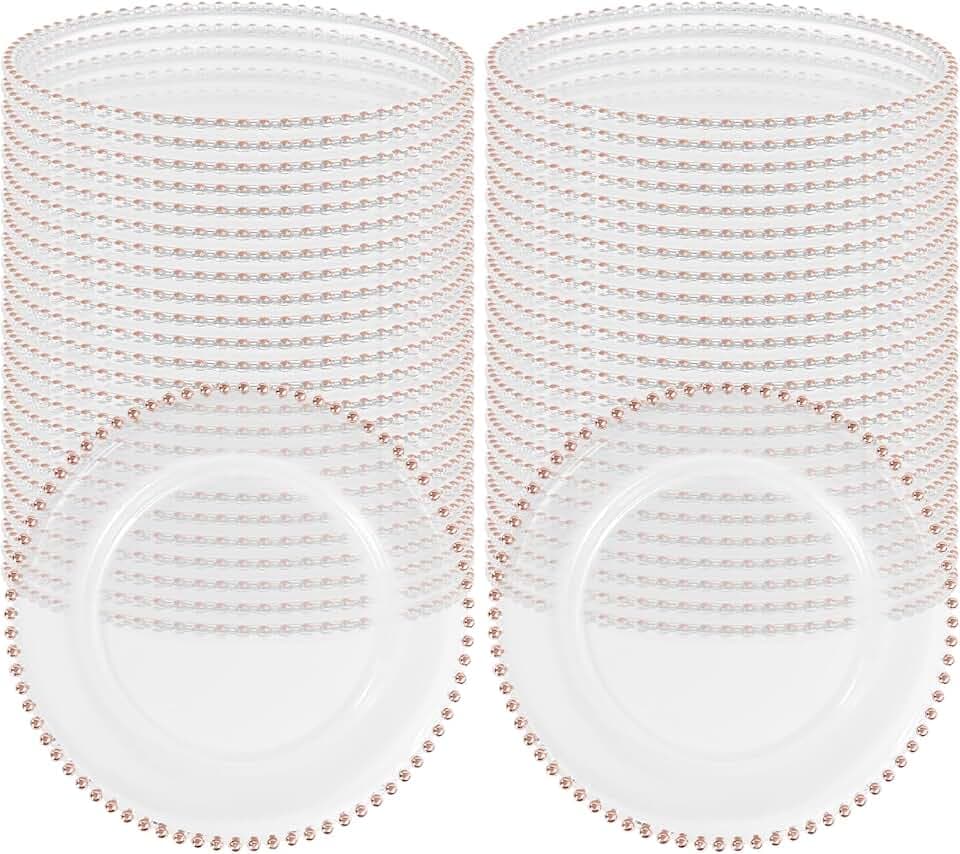 50 Pack 13 Inch Clear Charger Plates with Pink Beaded Rim