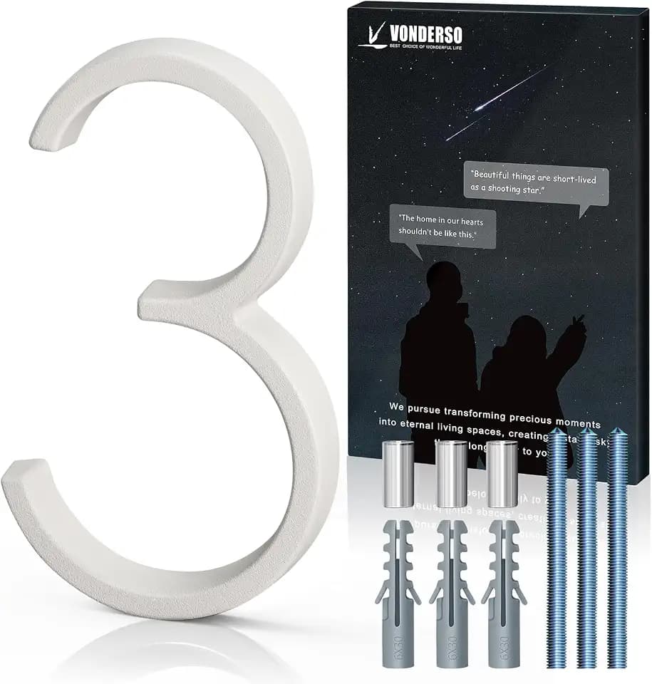 VONDERSO 5 Inch Floating House Numbers and Letters for Outside, Modern Metal Address Number 3, with Weather-Resistant White Crystal Powder Coated Finish, Stain Resistant, No Paint Peeling (White)