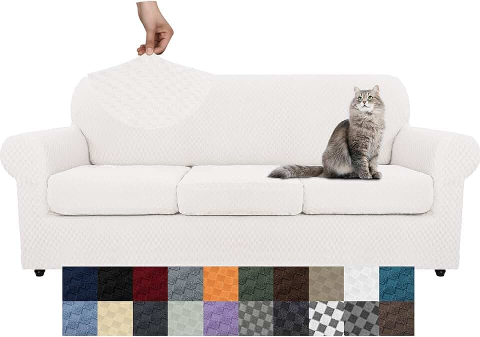 YEMYHOM Latest Checkered 4 Pieces Couch Covers for 3 Cushion Couch High Stretch Thickened Sofa Cover for Dogs Pets Elastic Slipcovers Living Room Furniture Protector (White), 71"-91"(3 Cushions)
