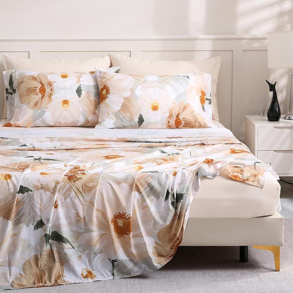 LONAVA Flower California King Size 6 Pcs Sheet Set, Breathable Microfiber Deep Pocket Biege Fitted Sheets, Comfy & Breathable Patterned Flat Sheets,4 Gentle Soft Pillowcases, Golden Flower