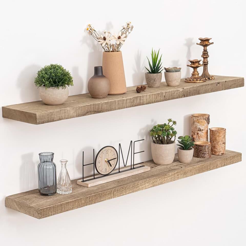 FLYJOE Floating Shelves Reclaimed Barnwood, 8" Deep Solid Wood Floating Shelf Wall Hanging Shelves with Invisible Heavy-Duty Metal Bracket | Wall Mounted | Farmhouse Style | 40 inches,2PCS,Natural