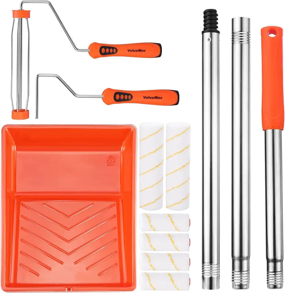 ValueMax 12PCS Paint Roller Kit with Tray, 9" & 4" Roller Frames, 6PCS Microfiber Replacement Covers 3/8" Nap, 3PCS Stainless Steel Extension Poles, for Walls, Ceilings, Floors, Furniture