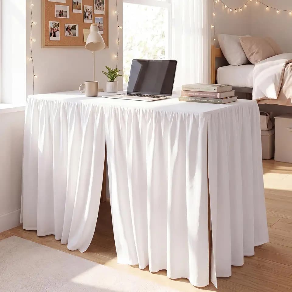 Breling 1 Pcs Ruffled Split Desk Skirt Cover 42" L x 24" W x 30" H, White