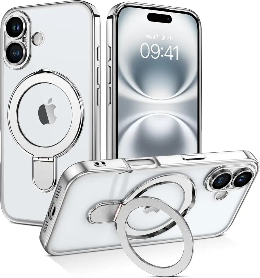 GUAGUA for iPhone 16 Case with Stand, Magnetic Clear Plating Edge iPhone 16 Cases Invisible Foldable Ring Holder Slim Shockproof Protective Kickstand Case for iPhone 16 6.1 inch, Silver