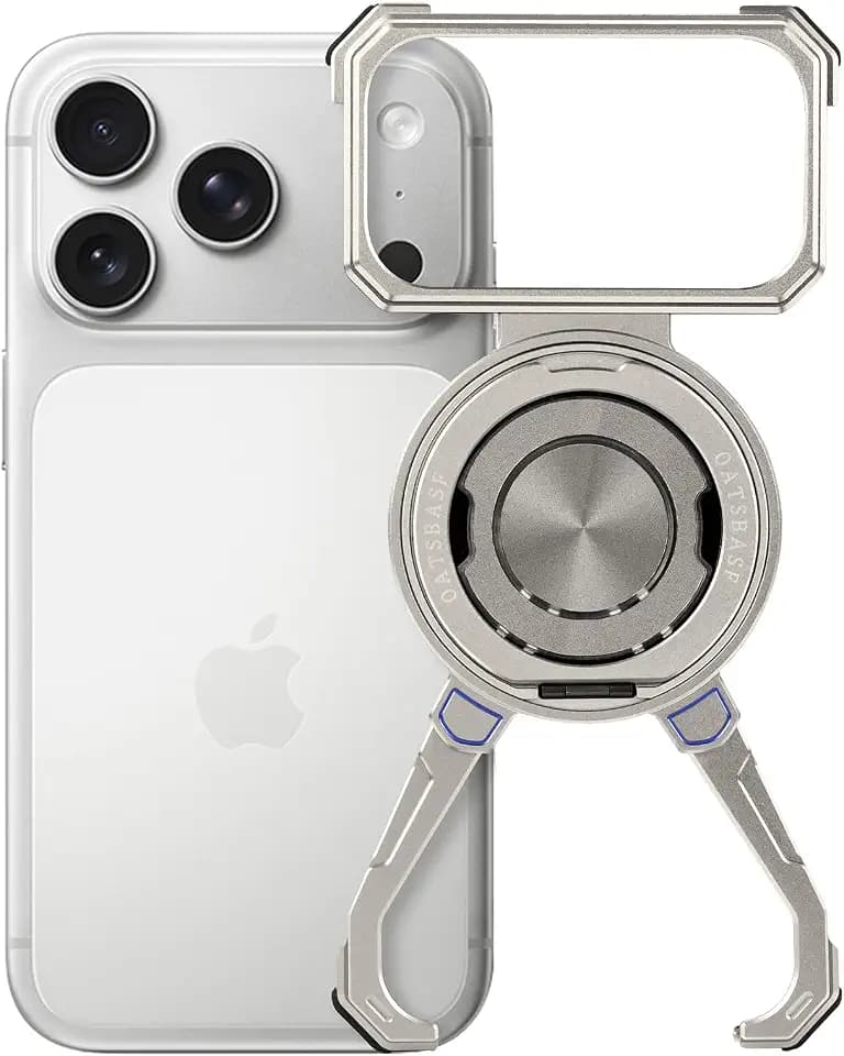 OATSBASF X Case for iPhone 17 Pro 6.3”, with Kickstand 360° Rotatable Magnetic Stand, Frameless Slim Shockproof Protective Metal Bumper Phone Case, Natural Titanium