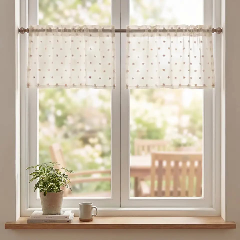 Horaldaily 2Pcs Apricot Sheer Valance 52x14in, Apricot Pom Pom, Boho