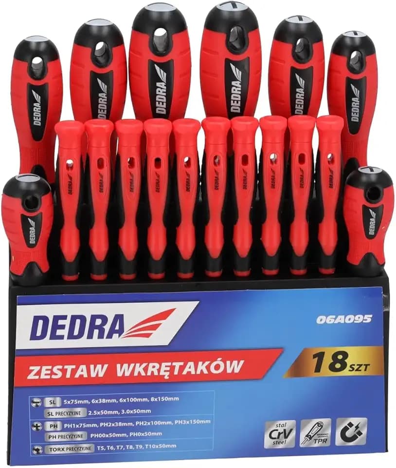 DEDRA 18-teiliges Schraubendreher-Set mit Präzisions- und Standard-Schraubendrehern, aus CrV-Stahl, mit rutschfestem 2-Komponenten-Griff im Kunststoffständer, SL2.5, SL3, SL5, SL6, SL8, PH00 und mehr