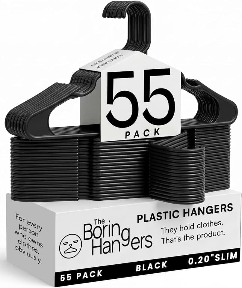 Black Plastic Hangers 55 Pack - 10 lb Heavy Duty Black Clothes Hangers for Closet, Space Saving & Slim Plastic Coat Hangers for Shirts Suits Jackets - 0.20" Thin Minimalist Hangers