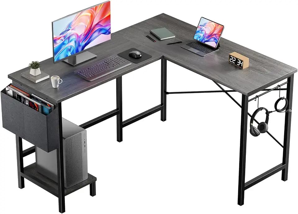 DUMOS L Shaped Computer Corner Desk with PC Stand, Grey