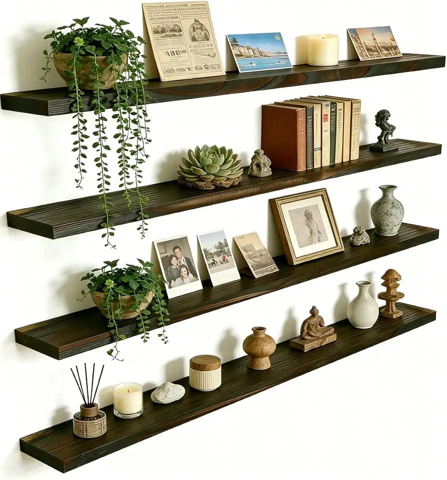 Brown Wood Floating Shelves For Wall Shelves For Bedroom, 48 Inch Set Of 4