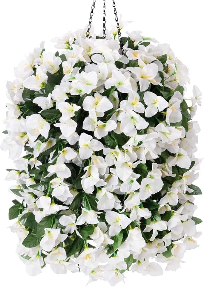 INSPRING Artificial Bougainvillea Faux Flowers Plants Baskets for Outdoor Outside Decoration, 3PCS Fake Silk Flowers Long Trailing Vines UV Resistant Realistic for Front Door Porch Patio (White)