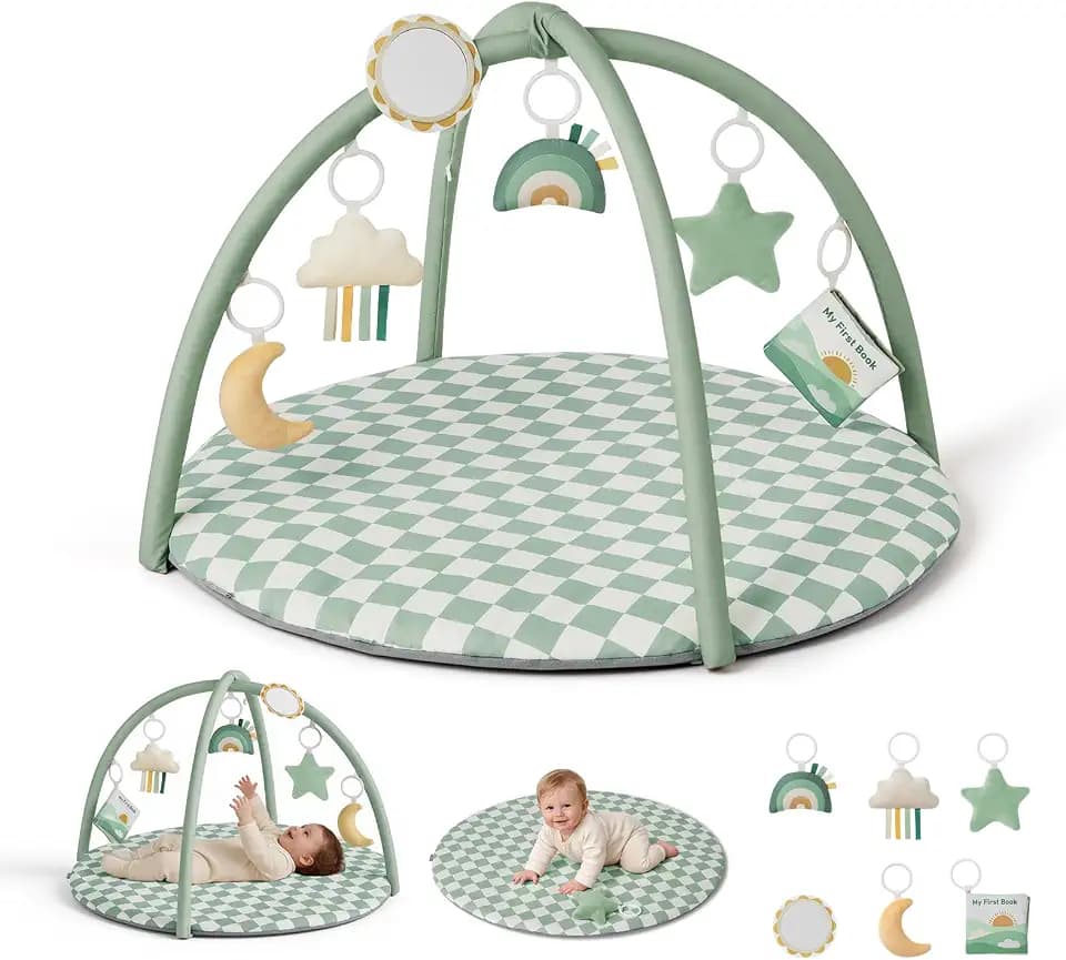 Blissful Diary Baby Play Gym Mat, Play Mat Activity Mat with 6 Detachable Toys for Stage-Based Sensory & Motor Skill Development, Easy to Install & Clean, Baby Essentials Gift, Sage Checkerboard