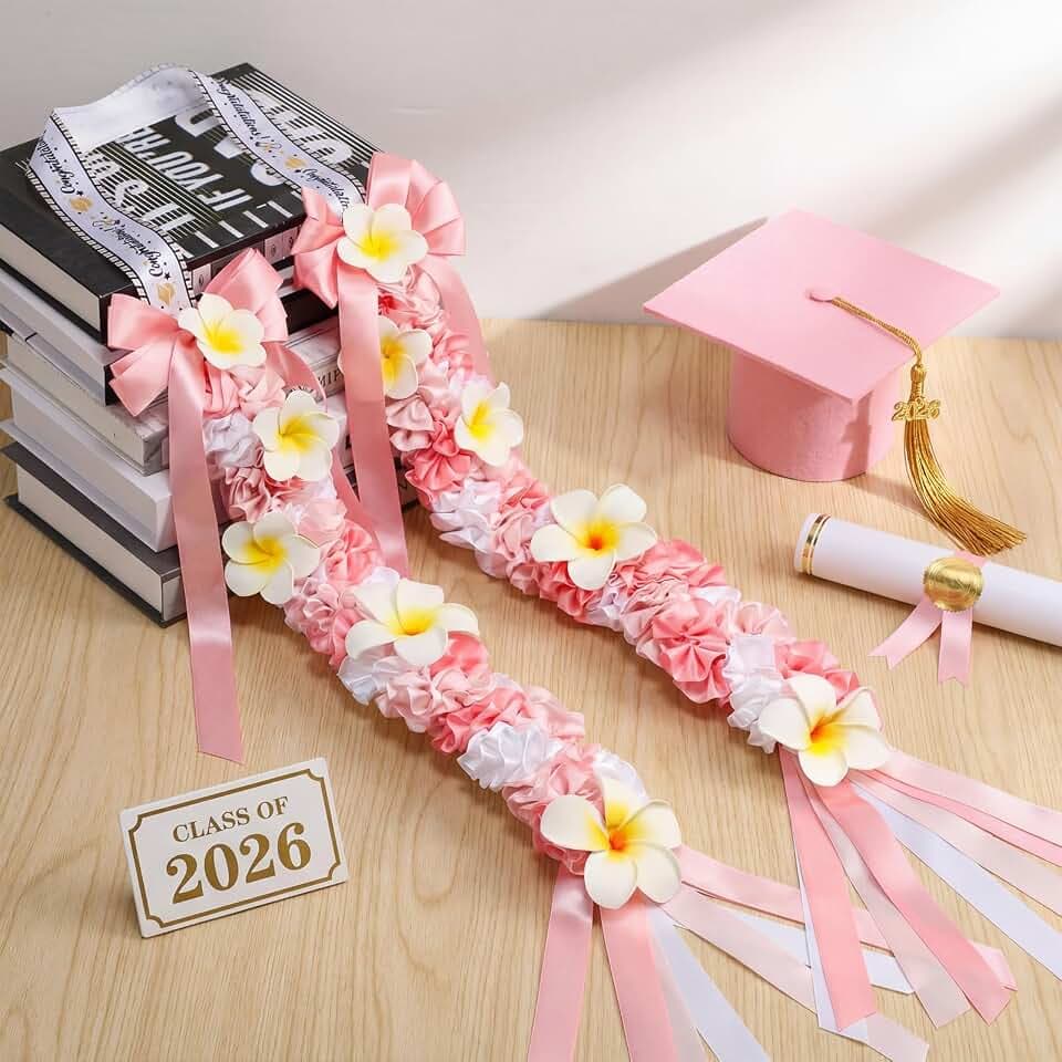 Suncalla 67" Plumeria Graduation Lei, Pink White Hawaiian Ribbon Garland