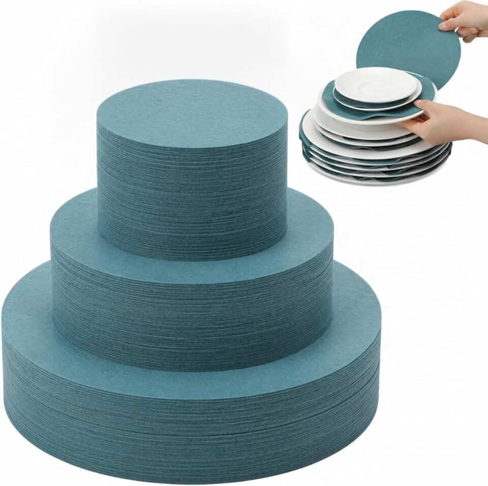 Hushee 220 Pcs Felt Plate Dividers for Stacking Different Size Soft Dish Storage Protectors Thick Pads Plate Separators Pan Dividers for Protecting Cookware Kitchen Cabinet (Round,Blue Green)