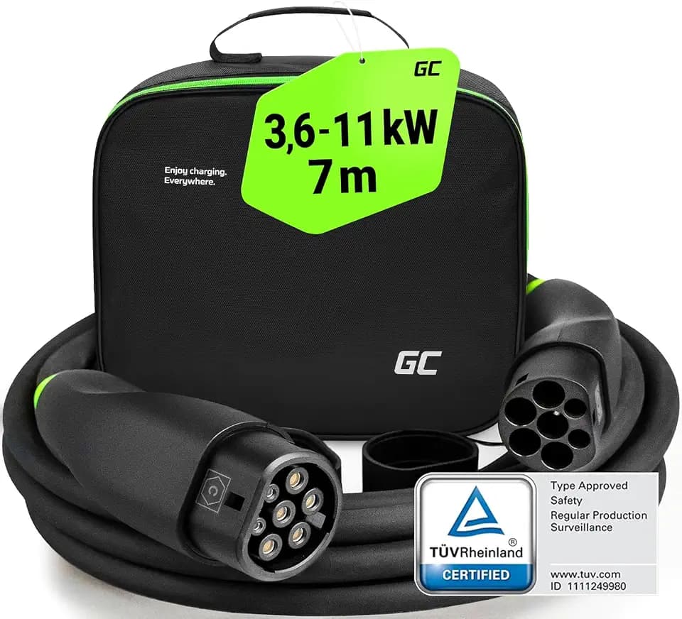 Green Cell GC Snap Typ 2 Ladekabel 11kW 7m 16A für EV Elektroautos Typ 2 auf Typ 2 3-Phasig TÜV Kompatibel mit Model Y 3 S X, ID.3, ID.4, ID.5, Q4 e-tron, 500e, IONIQ 5, Kona EV inkl. Premium Koffer