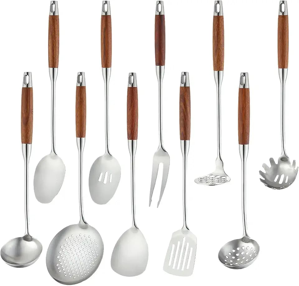 Izurok 18/10 Stainless Steel Kitchen Utensils Set,10 Piece Cooking Utensils With Wood Handle,Heat Resistant Kitchen Tool Set With Spatula,Spoon,Ladle,Skimmer,Slotted Turners,Pasta,Turner,Ladl,Fork