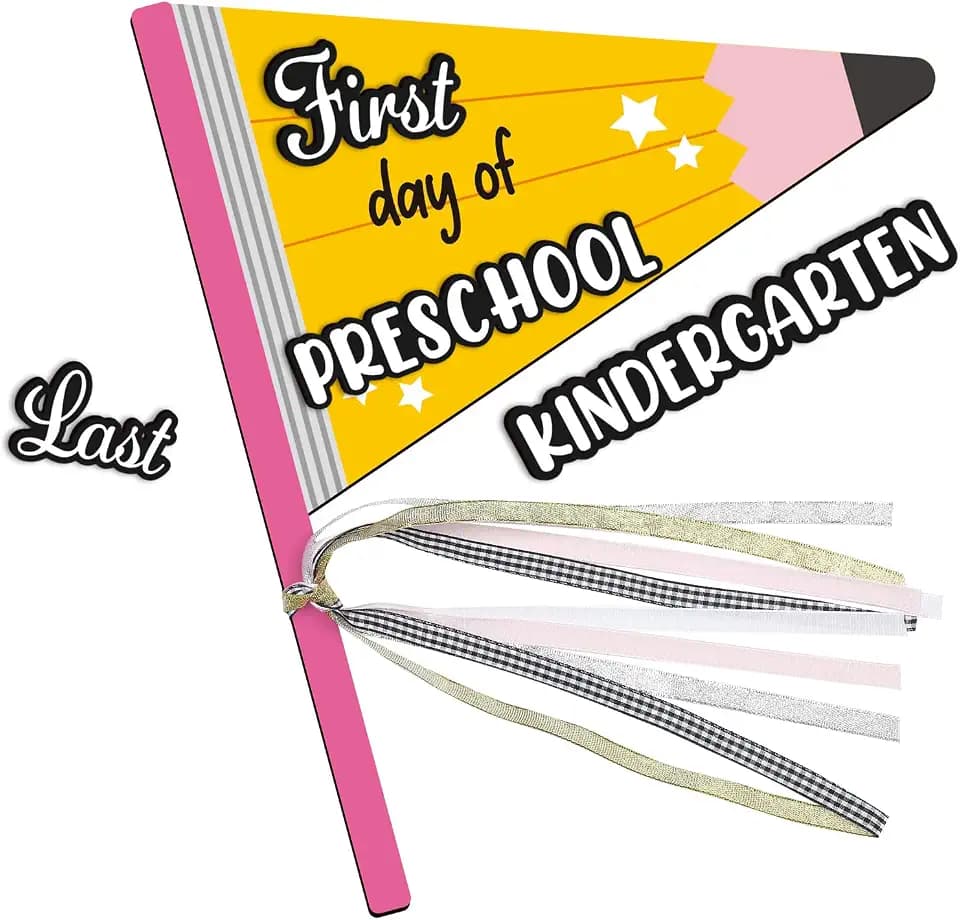 MotiMind First and Last Day of School Flag with 16 Grade Labels Reusable Wooden Flag Sign for Preschool Kindergarten Pre-k College with Ribbons for Back to School Supplies and Photo Props(Pencil)