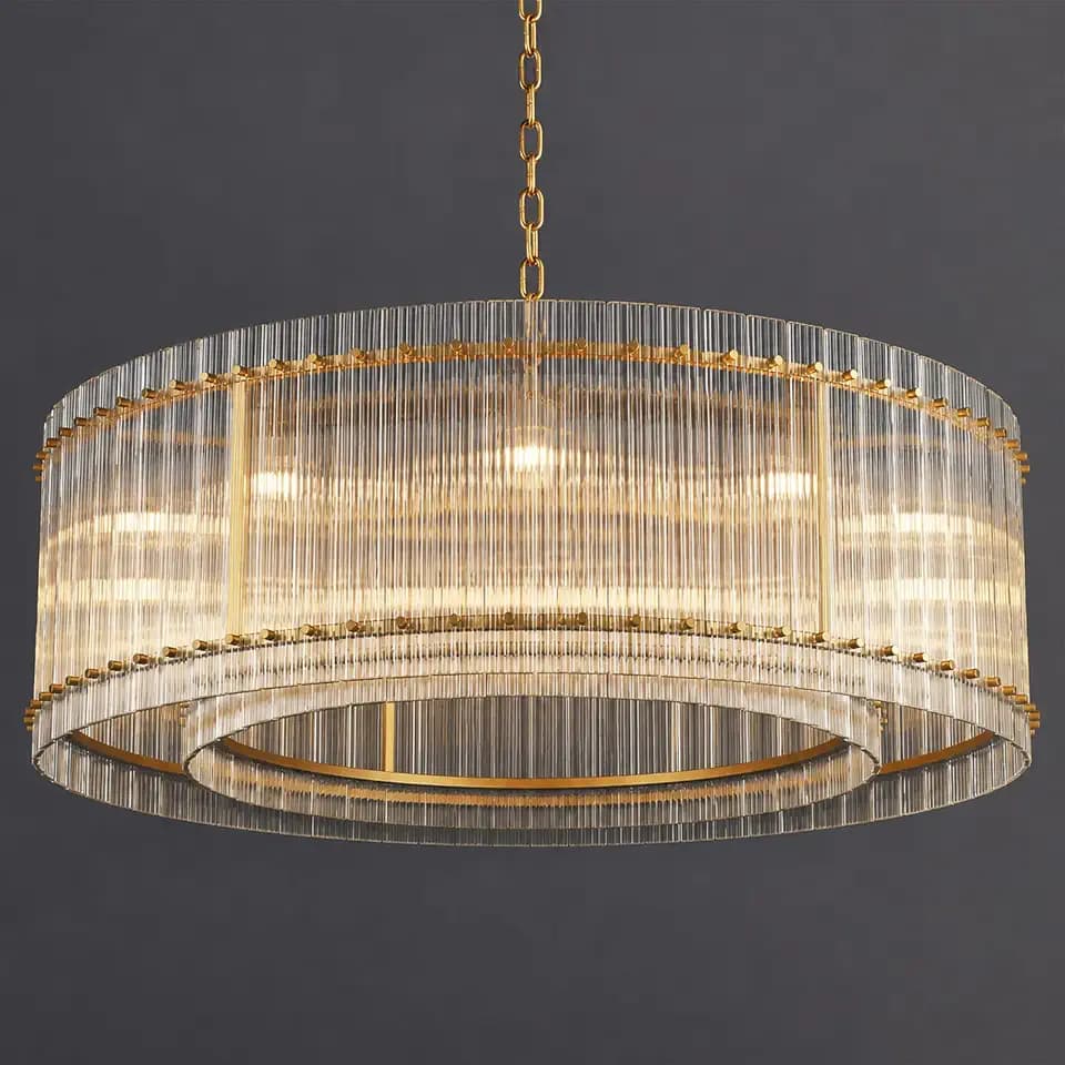 48-Inch Ripple Glass Chandelier, 2-Tier 10-Light Large Brass Round Chandelier for Dining Rooms, Living Rooms, Foyers, Staircases, Open-Concept Spaces & High Ceilings