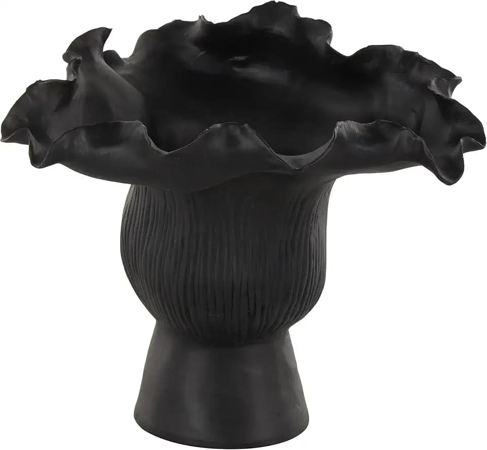Deco 79 Ceramic Abstract Decorative Vase Floral Inspired Centerpiece Vase with Linear Grooves, Flower Vase for Home Decoration 9" x 8" x 8", Black