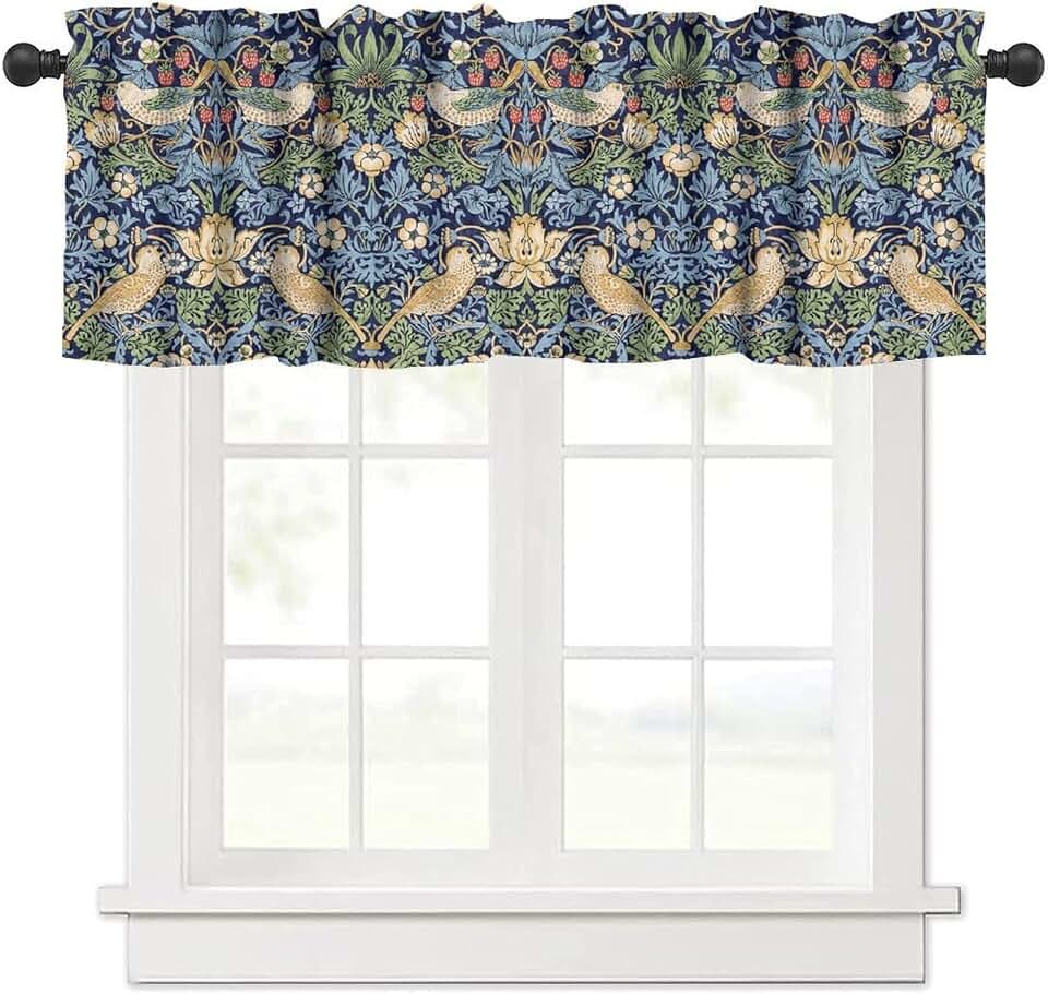 YCness William Morris Kitchen Valance,Retro Flower Strawberry Thief Floral Printed Small Window Treatments for Kitchen Living Room Bathroom Cafe Decor Rod Pocket Vintage Valances 54x18 Inch