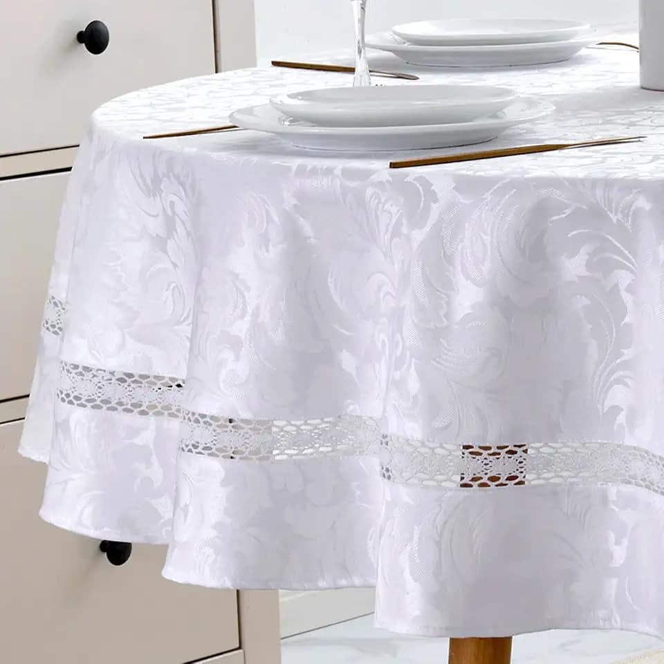 EHouseHome Heavy Duty Fabric Tablecloth with White Lace-Waterproof/Wrinkle Free/Stain Resistant/Oil Proof-for Dining,Indoor&Outdoor,Wedding,Holiday,White Damask,Round 70Inch