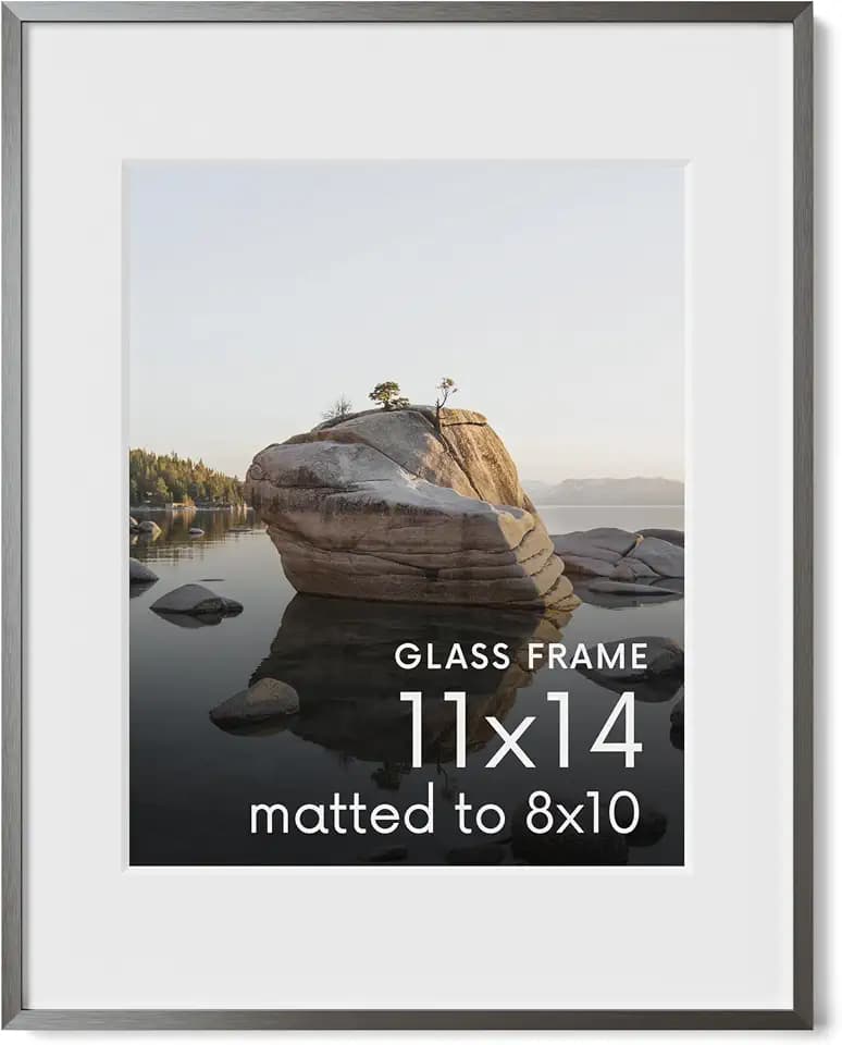 HAUS AND HUES 11x14 Picture Frame with Real Glass & Gray Premium-Grade Metal Matted to 8x10 - Aluminum 11x14 Picture Frame - Includes Hanging Kit - Ideal for Home, Office (11x14 in, Gray)