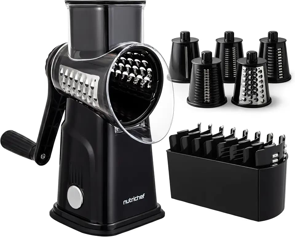 NutriChef 5 in 1 Cheese Grater & Shredder | 5 Different Blades for Thin, Thick, Julienne Strips, Wavy, & Straight Strips | Includes Hand Crank, Strong Suction Base & Storage Container | Black