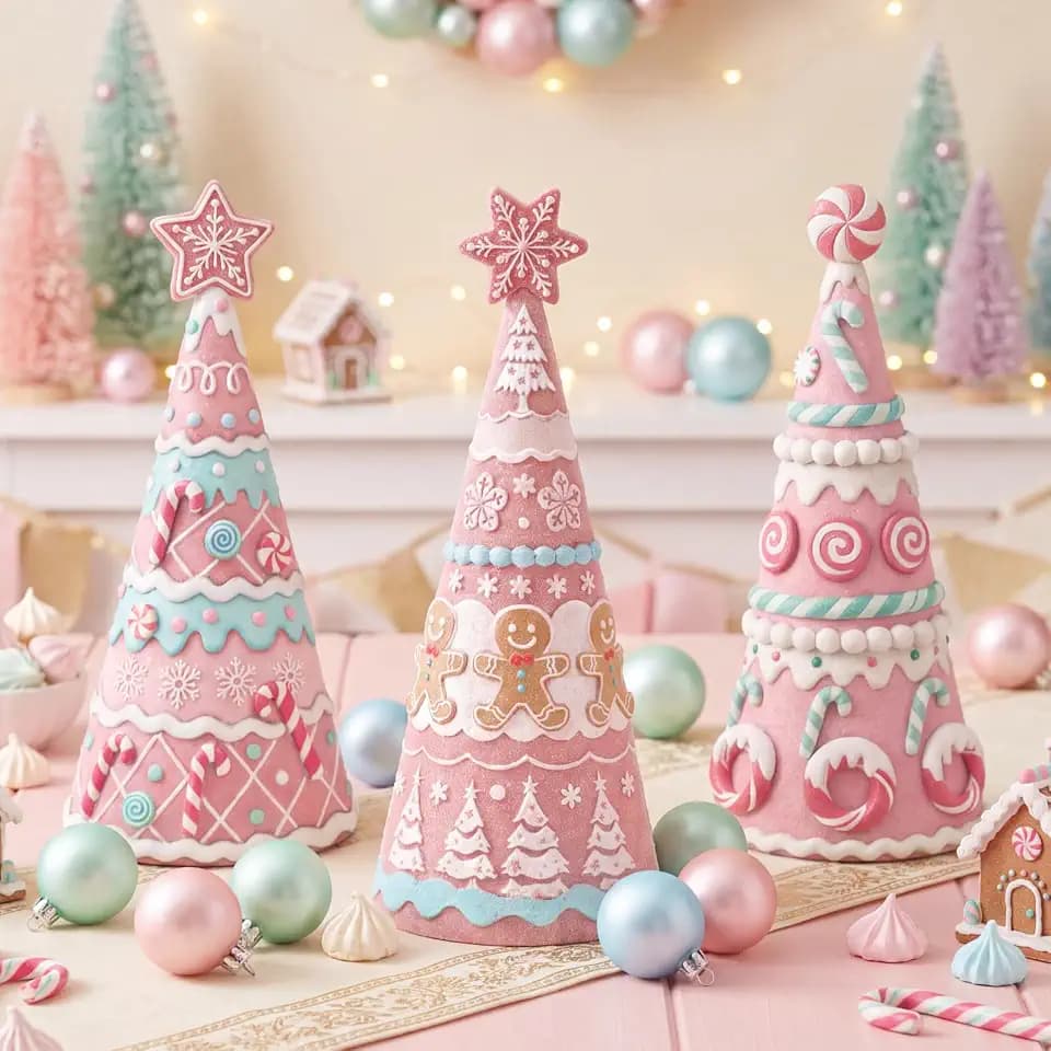 Simgoing 3 Pcs Pink Gingerbread Christmas Tree Figurines Pastel Table Decor