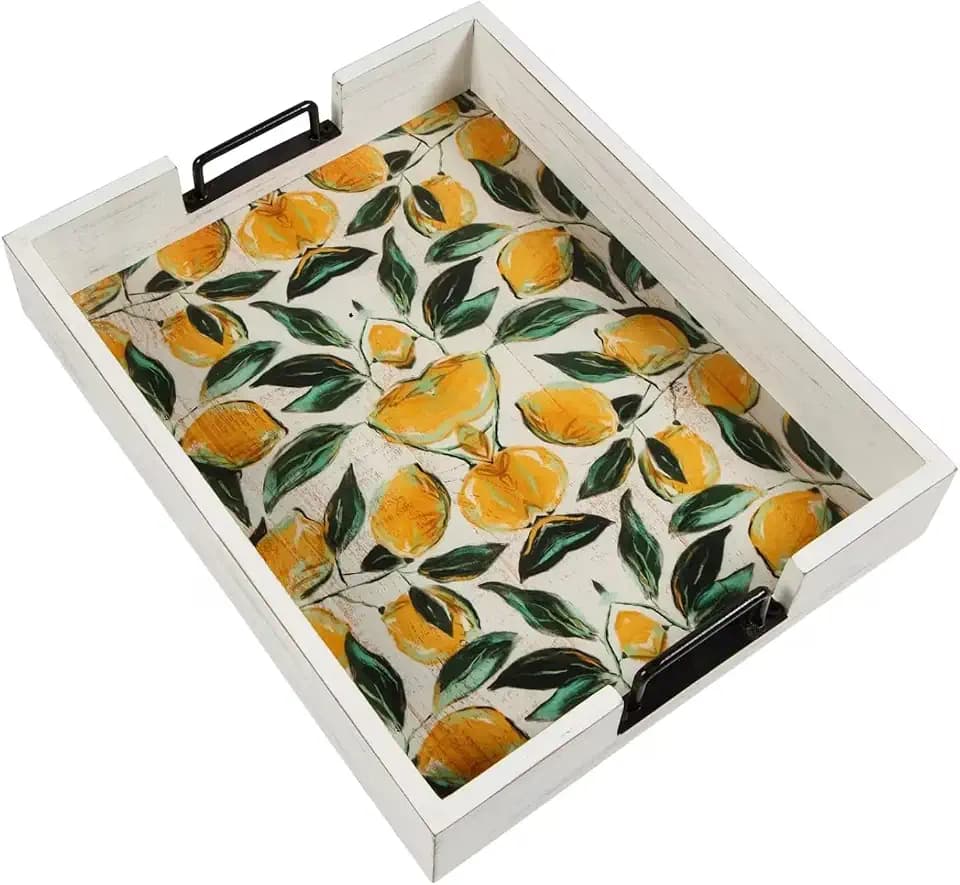 Fun Express 10" x 15" x 2 1/2" Lemon & Leaves Wood Serving Tray with Handles