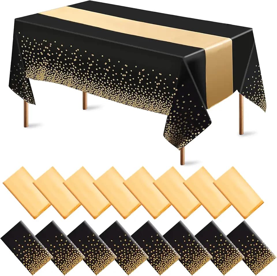 Jeffbaubl 8 Set Tablecloths, Satin Table Runner, Black, Gold