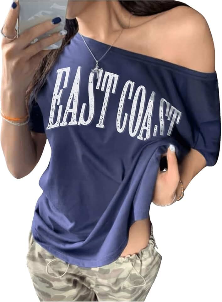 RoseSeek Women's Off The Shoulder Tops Letter Print Oversized Graphic Tees Vintage Y2k 90s Outfits Trendy Blue S