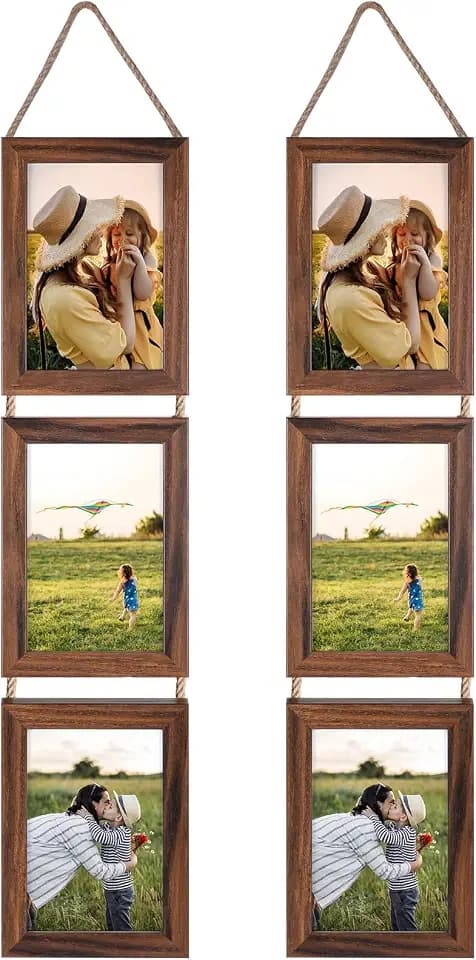 Lavezee 4x6 Collage Triple Picture Frames Set, Walnut Brown 6 Opening Hanging Vertical Frame Made to Display 4 by 6 Inch Photo Print for Wall Decor