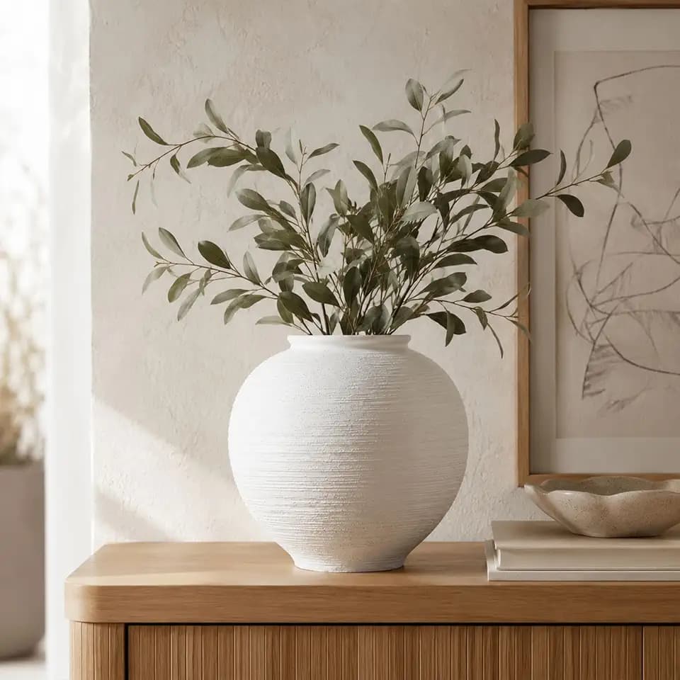 Large Blak Ceramic Vase - 9 Inch Rustic Farmhouse Vase for Home Decor, Living Room, Table, Bathroom, Holiday, Wedding Decor (White, 9 Inch)