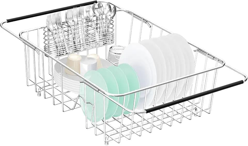 Fanbsy Large Dish Drainer Rack in Sink Adjustable, Expandable 304 Stainless Steel Metal Dish Drying Rack Organizer with Stainless Steel Utensil Holder Over Inside Sink Counter, Rustproof