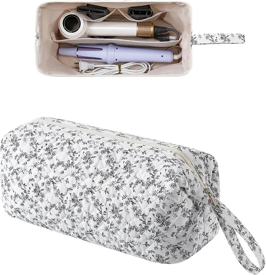 RSRSLEII Large Quilted Hair Tools Bag with Removable Divider,Floral Pattern