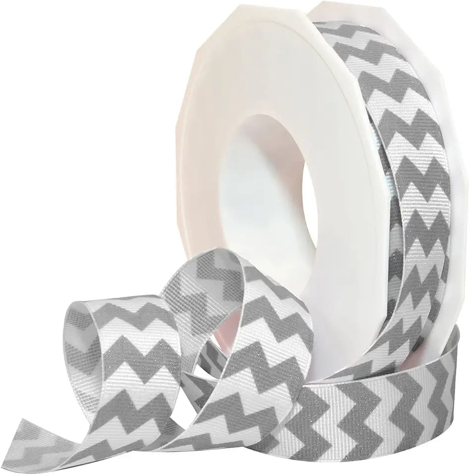 Morex Ribbon Sugar Chevron Ribbon, Polyester, 7/8 inch by 20 Yards, Platinum, Item 98122/20-124